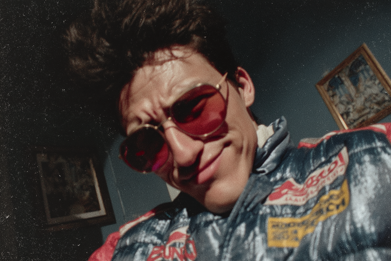 Herman in puffy racing jacket and red shades